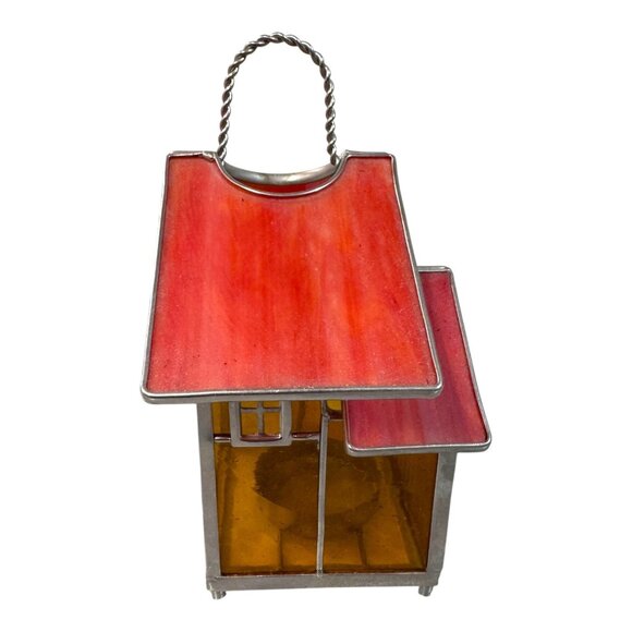 Slag stained glass leaded Lantern Bird House Tea light Candleholder, Red and Amb - Picture 8 of 8